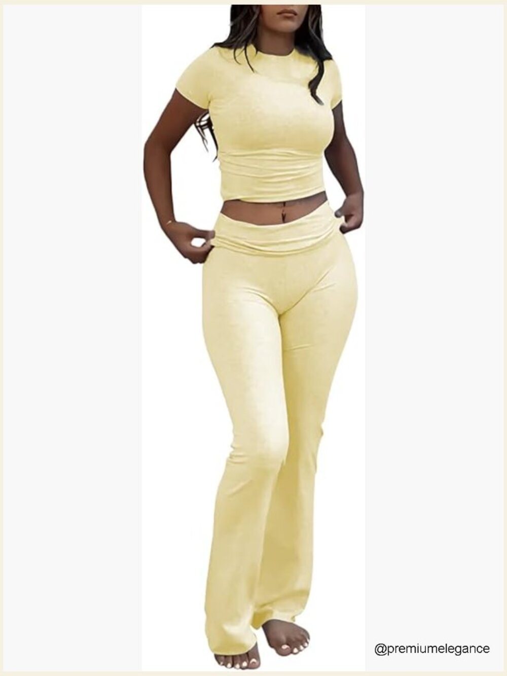 Two Piece Outfits Short Sleeve Crop Top High Waist Foldover Flare Pants